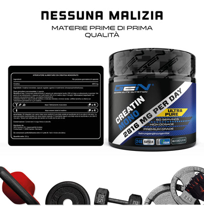 GEN GERMAN ELITE NUTRITION Creatina – 240 capsule vegane – ad alto dosaggio con 3200 mg di creatina monoidrato al giorno – Premium: ultra fine + fattore mesh di 200 – testato in laboratorio – vegano