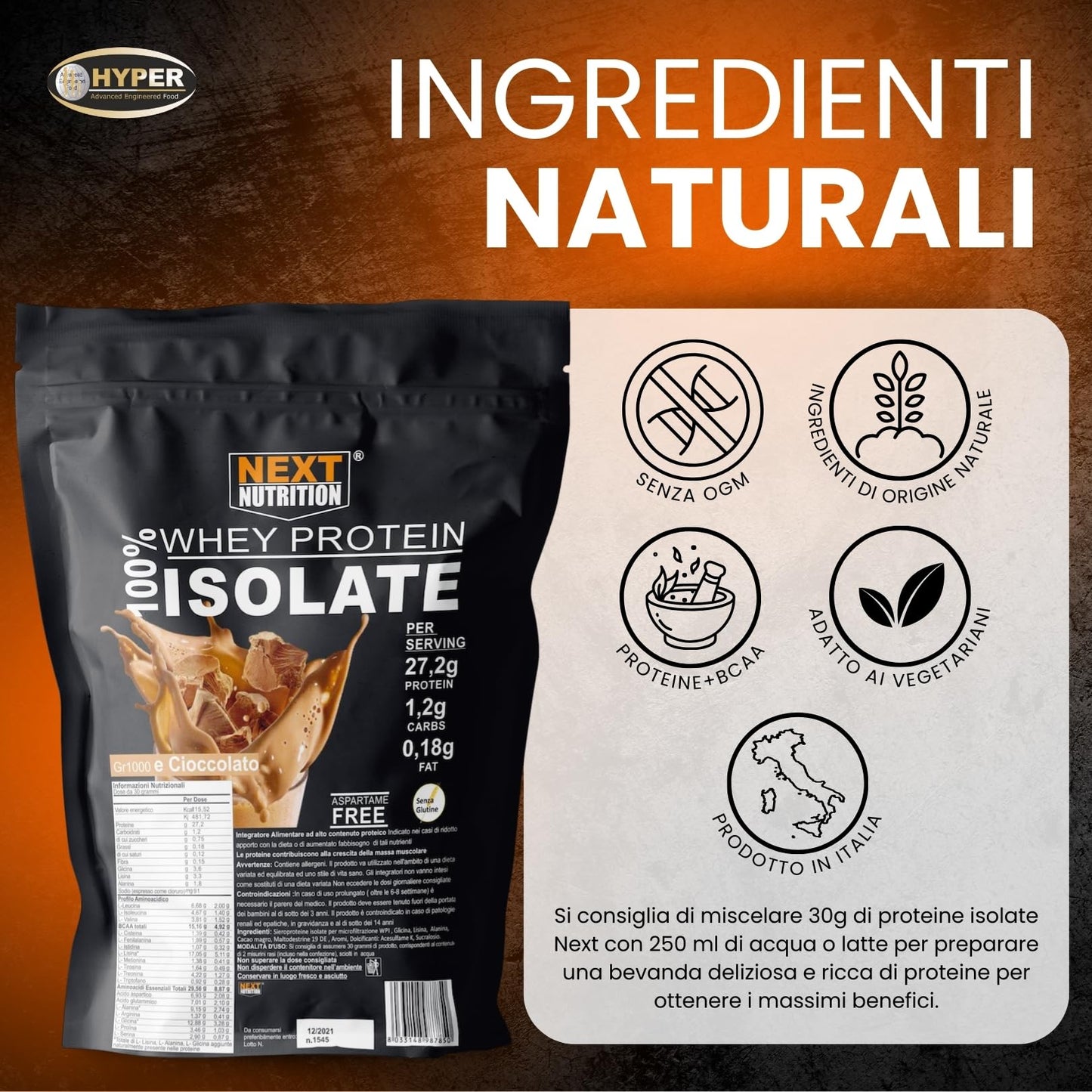 Proteine 100% Isolate WHEY V.B. 104 Gr 1000 Alto Contenuto Proteico Cacao Solo 0,18gr di Grassi 1,2gr di Carboidrati per dose Recupero Muscolare 90% Whey Protein in Polvere Prodotte in Italia