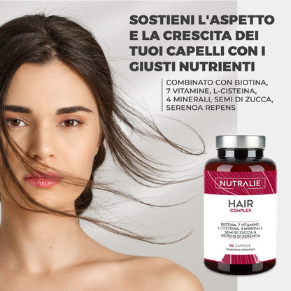 INTEGRATORE CRESCITA CAPELLI Anticaduta e Vitamine Capelli - [PREMIO 2022] Biotina + Zinco + Selenio + L-Cisteina - Per Capelli Forti Donne e Uomini - Hair Complex 90 Capsule - Nutralie