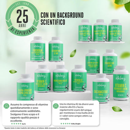 Vitabay Vitamina K2 365 compresse di Vitamina K2 200 mcg vegana con Menachinone MK7 naturale All-Trans ad alto dosaggio - Assumere 1 compressa di Vitamina K2 MK7 al giorno con acqua - Vit K2 K2 MK7