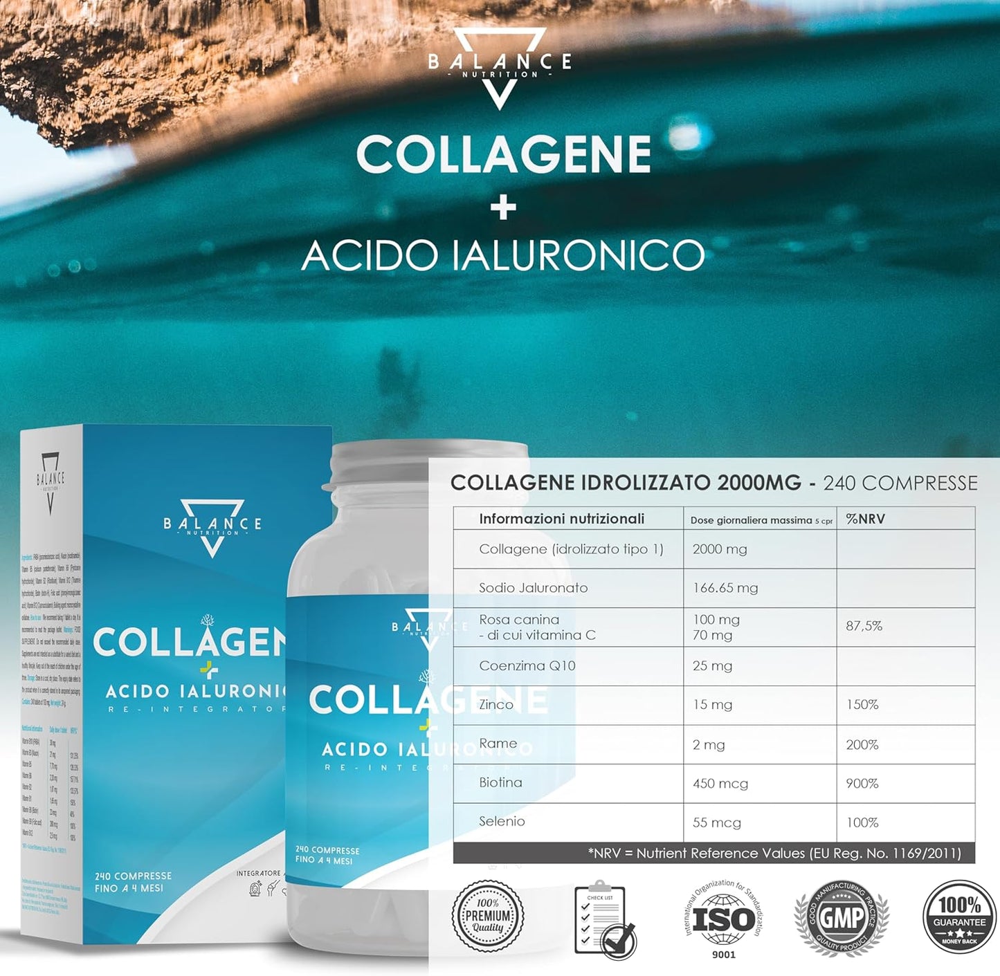 COLLAGENE IDROLIZZATO 2000MG - 240 COMPRESSE | Collagene e Acido Ialuronico, Coenzima Q10, Vitamina C, Biotina e Zinco per Pelle, Ossa e Articolazioni