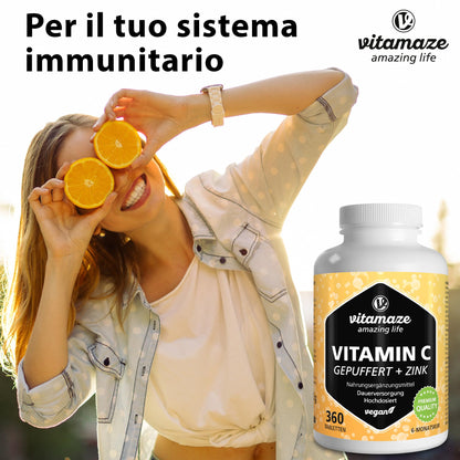 Vitamina C 1000mg (1 Anno) + Zinco + Bioflavonoidi, 360 Compresse, 1 Compresse per Giorno, Vegan Vitamina C Pura Dose Forte, Qualità Tedesca, Integratore Alimentare senza Additivi. Vitamaze®