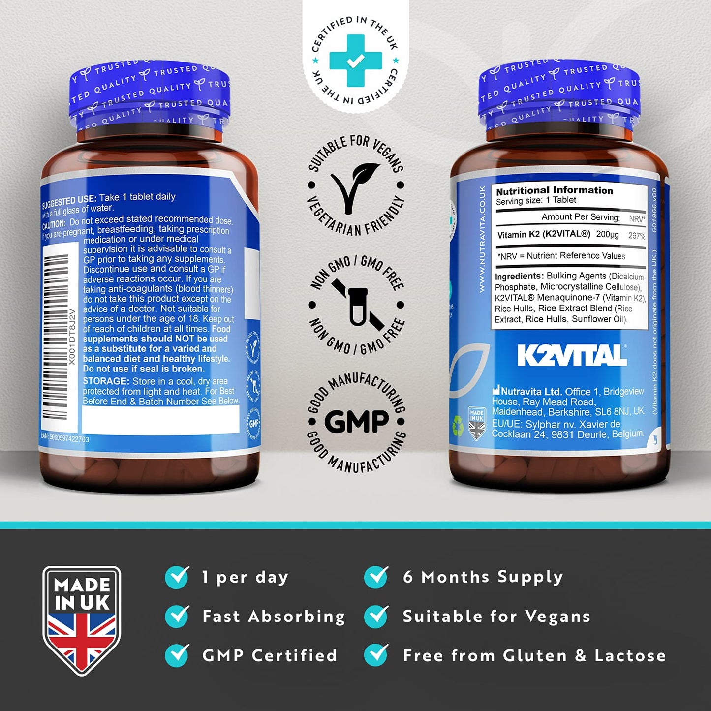 Vitamina K2 MK-7 200mcg - 180 micro compresse vegane (non capsule) – Mantiene le ossa forti - Con Menachinone MK7 ad alta resistenza (K2 Vital®) - Forma bioattiva non sintetica - Prodotto da Nutravita