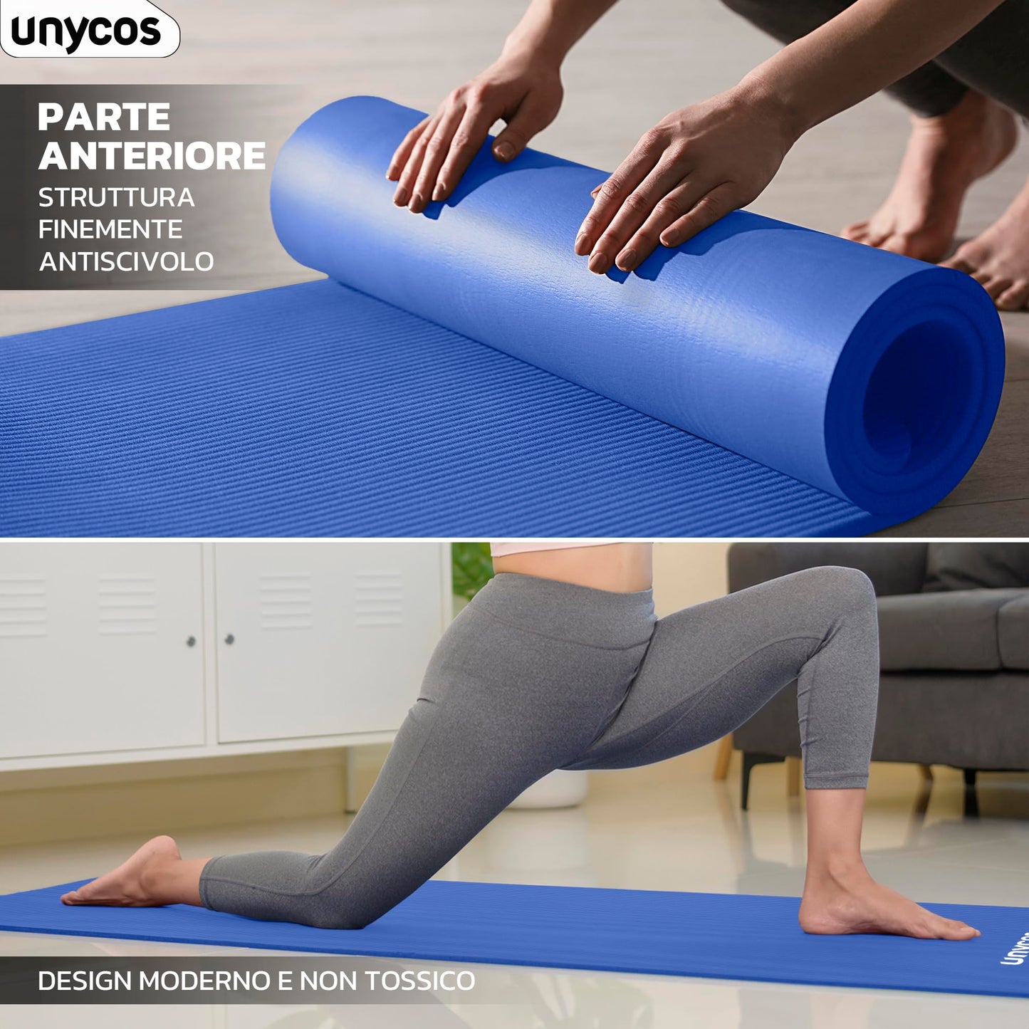 unycos - Tappetino Antiscivolo da Yoga, Pilates e Ginnastica Extra Spesso 10/15 mm, 183x60 cm, Materassino Fitness con Schiuma NBR Confortevole, Tracolla, Borsa ed E-Book di 50 Esercizi