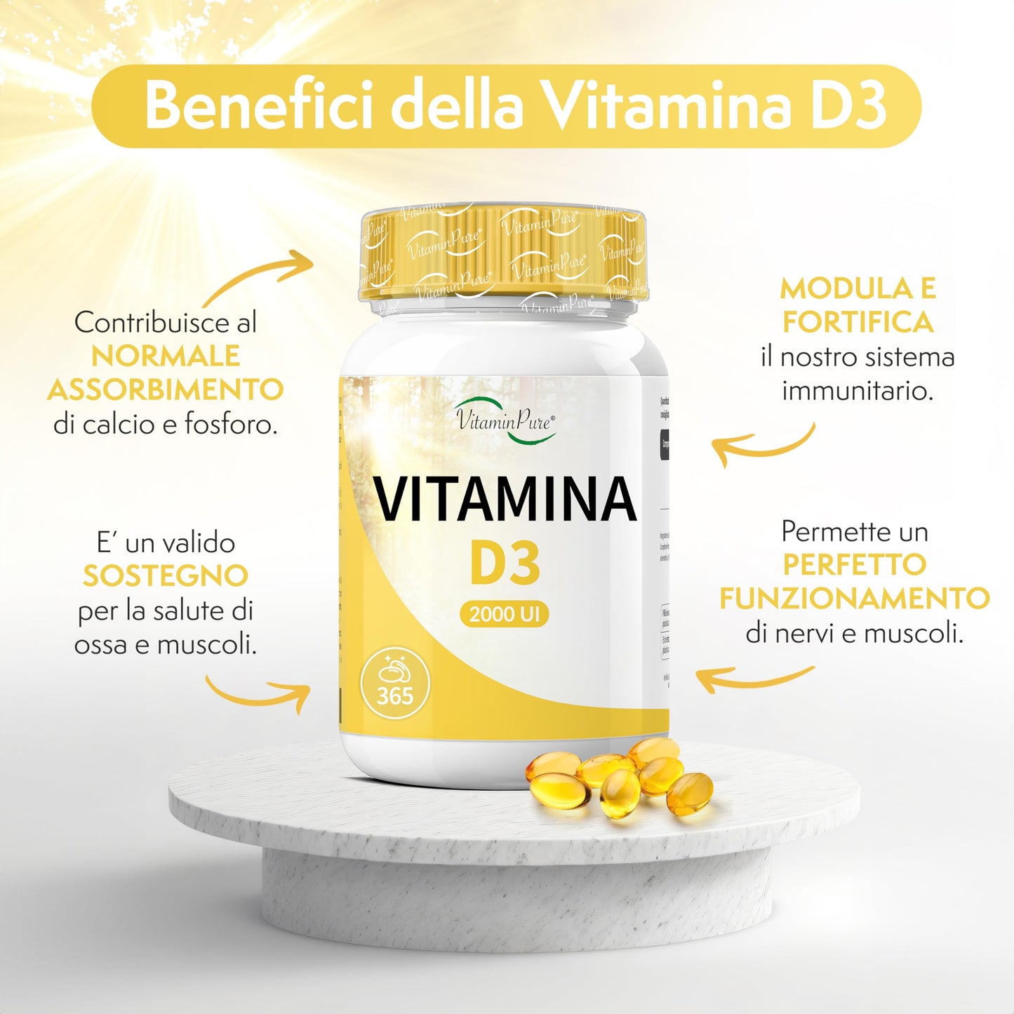 VitaminPure - Vitamina D3 2000 UI Alto Dosaggio, 365 SoftGel Facili da Deglutire, Integratore Vitamina D (Vit D)