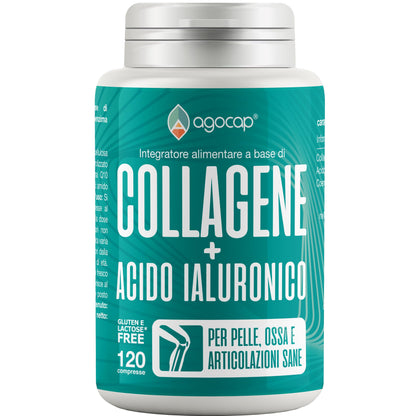 Collagene e Acido Ialuronico. Collagene idrolizzato, 120 compresse arricchite con Coenzima Q10. Collagene integratore, 1000mg con acido ialuronico compresse per pelle, ossa e Articolazioni, Agocap