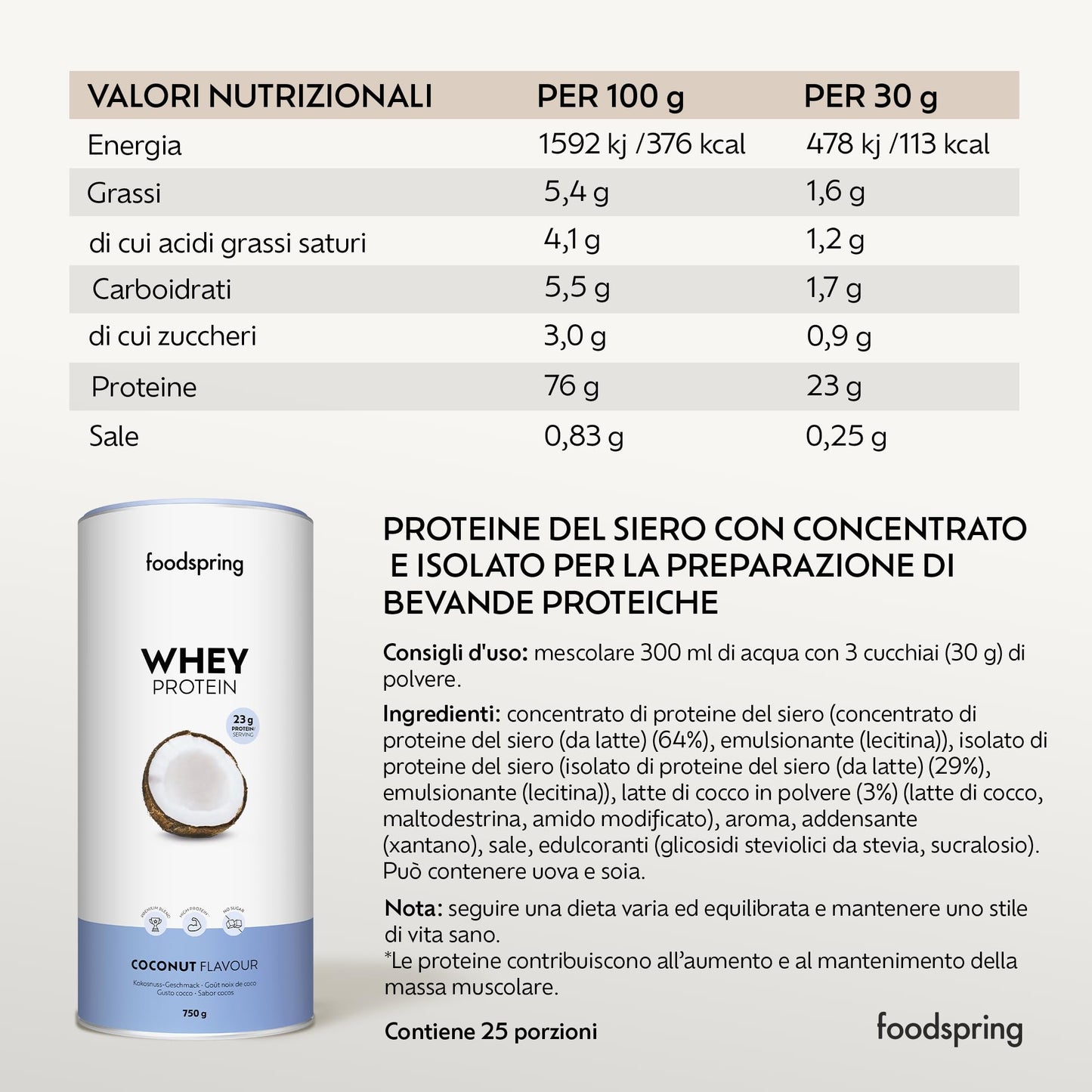 foodspring - Proteine Whey in polvere Cioccolato - Con 21 g di proteine per l'aumento muscolare, perfetta solubilità, ultra-filtrate & ricche di BCAA ed EAA - gusto pieno e delizioso (750 g)