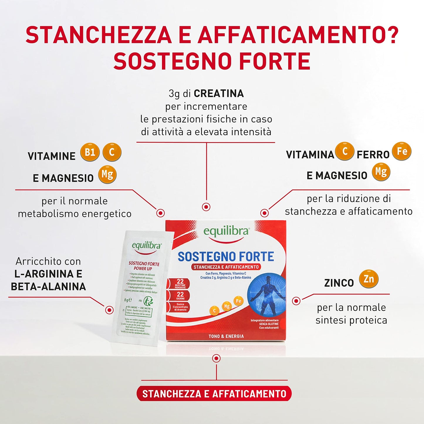 equilibra Integratori Alimentari, Sostegno Forte, Integratore con Creatina, Arginina, Vitamine C, B1, per Incrementare le Prestazioni Fisiche, con Succo Concentrato di Arancio, 22 Bustine Monodose