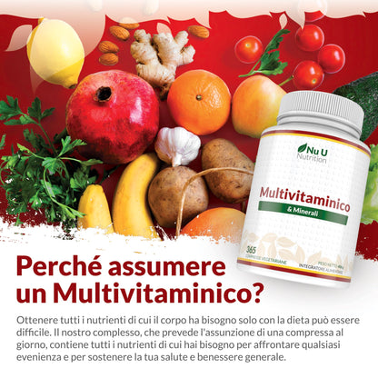 Multivitaminico Completo - 365 Compresse (1 Anno di Scorta) - 25 Vitamine e Minerali per Uomo e Donna - Adatto ai Vegetariani - Integratore Nu U Nutrition