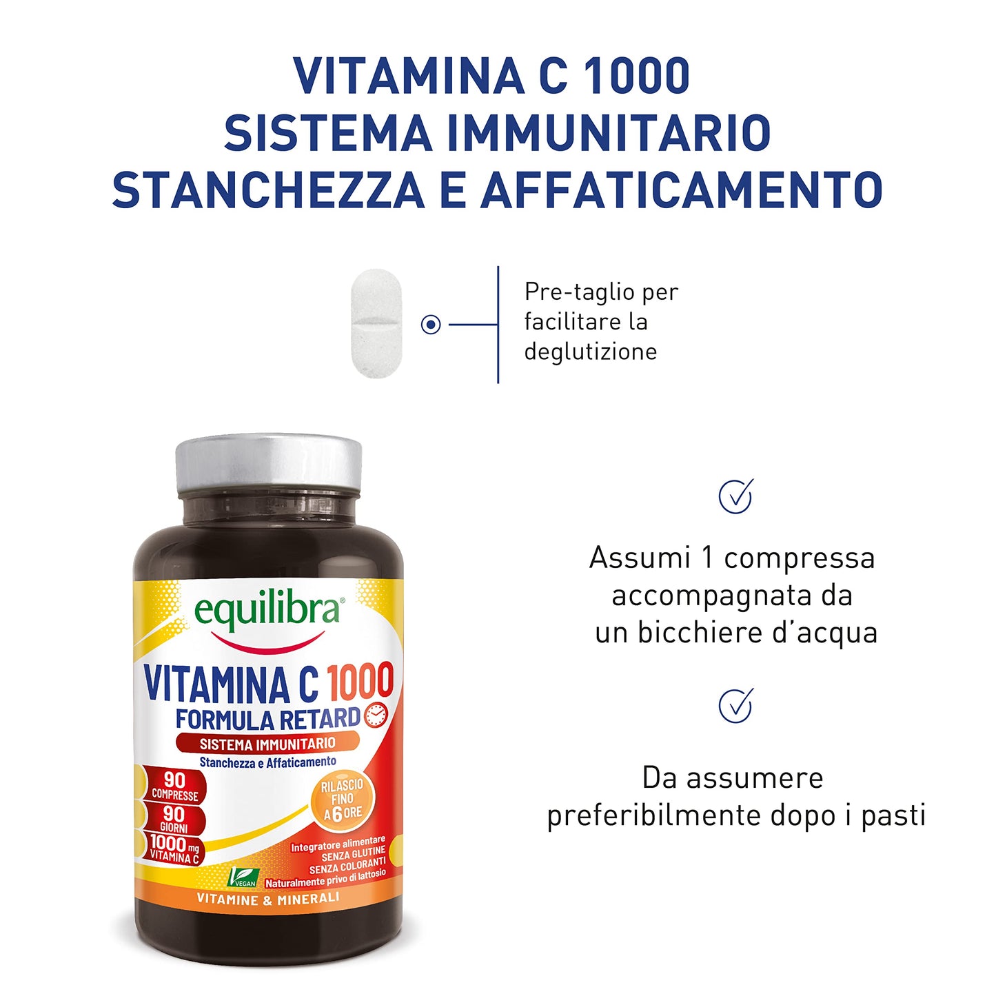 equilibra Integratori Alimentari, Vitamina C 1000 mg, Integratore Altodosato per la Normale Funzione del Sistema Immunitario, Rilascio Graduale Fino a 6 Ore, Vegan, Gluten Free, 90 Compresse