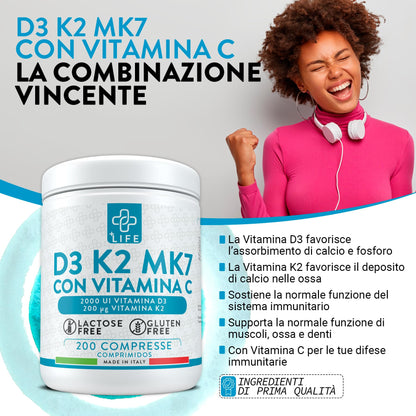 VITAMINA D3 K2 Mk7 Con Vitamina C PiuLife® 200 Compresse Vit D3 2000 UI, Vitamina K2 200µg, Vitamina C 125mg, Benessere Delle Ossa, Difese Immunitarie, Regola Livelli Di Calcio E Fosforo