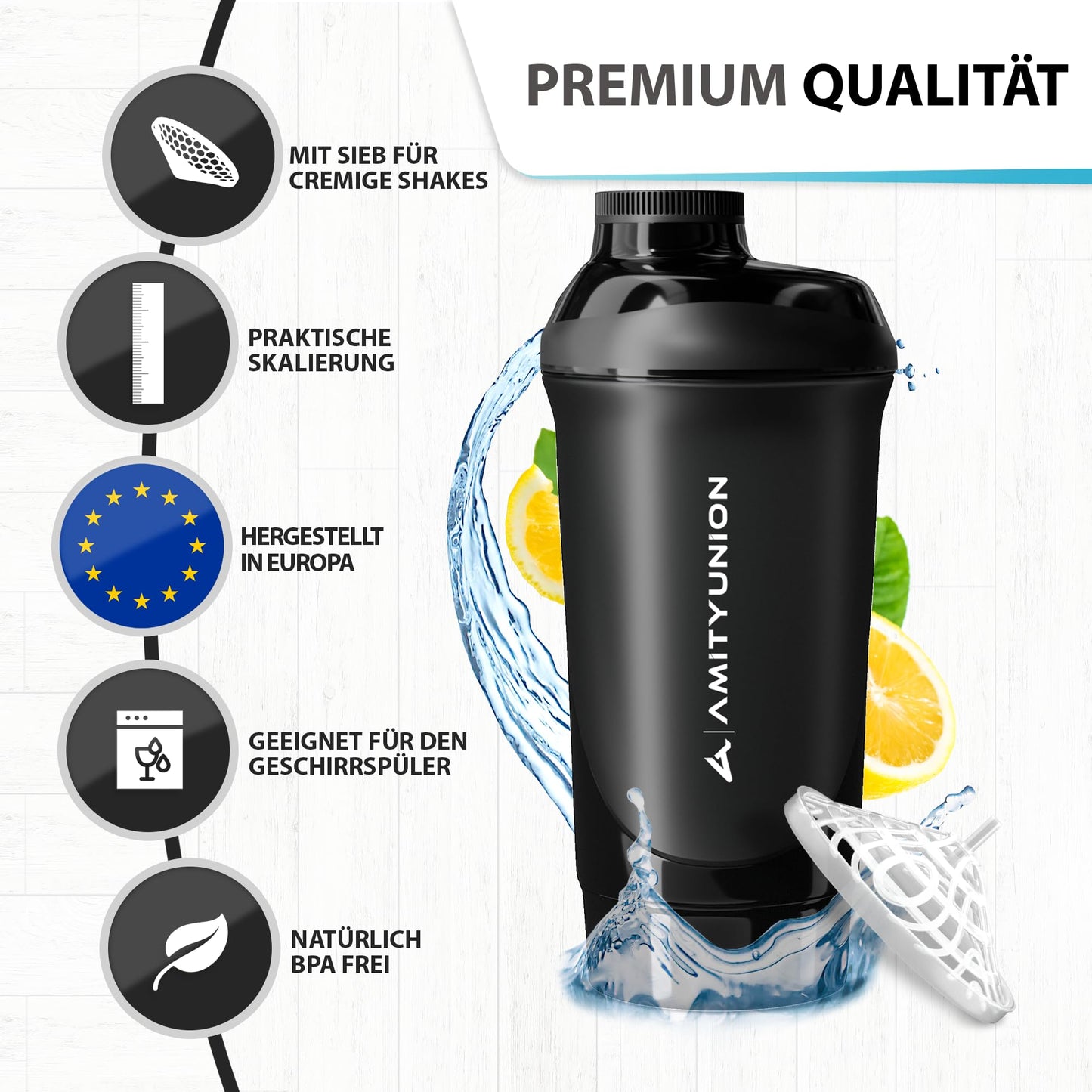 AMITYUNION Shaker proteico da 400 ml con colino per proteine – Piccolo shaker per proteine a prova di perdite, senza BPA, con scala per frullati di proteine del siero cremoso, concentrati di proteine