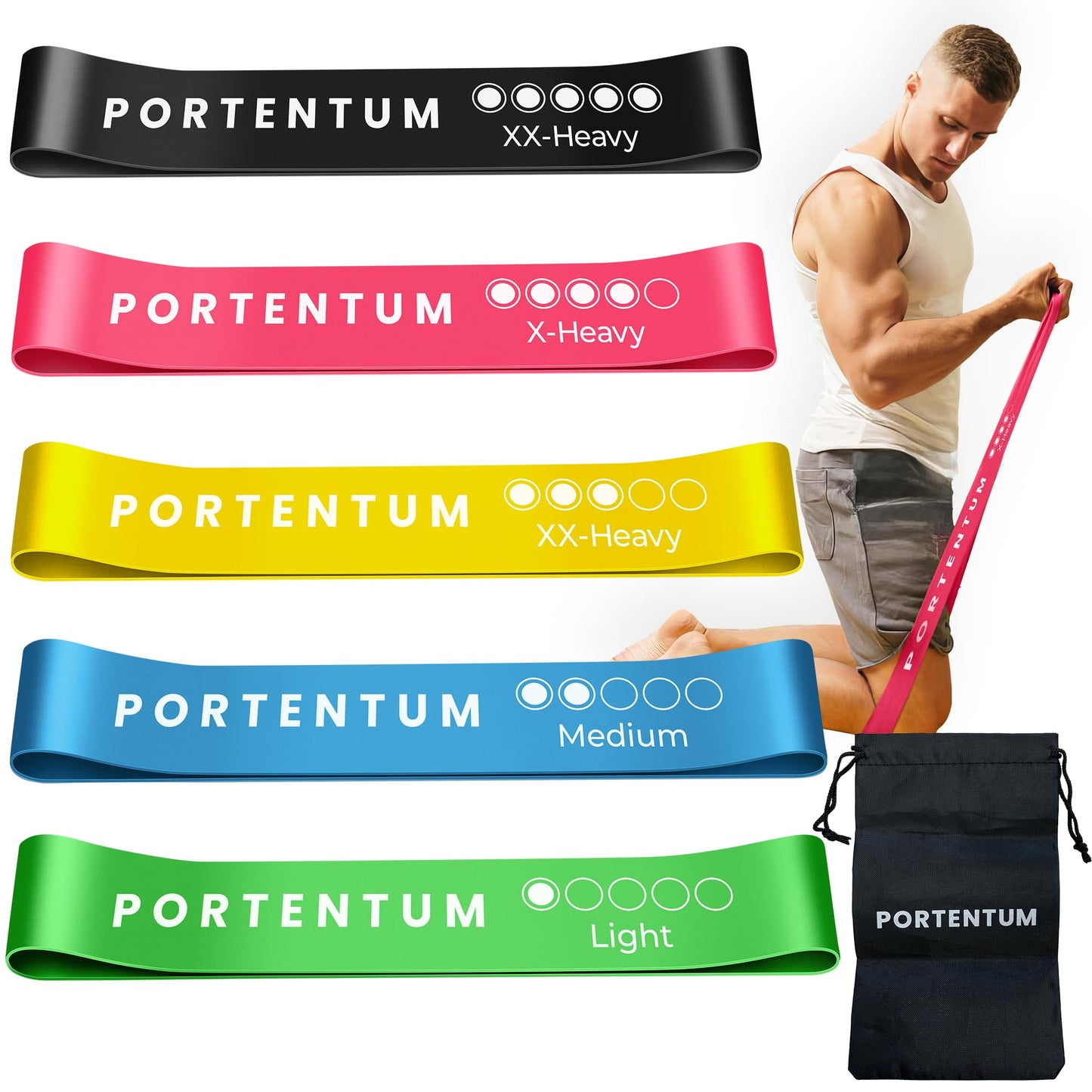 PORTENTUM elastici fitness, set di 5 fasce elastico fitness. Comoda e resistente bande elastiche fitness. Fascia elastica fitness, elastici palestra