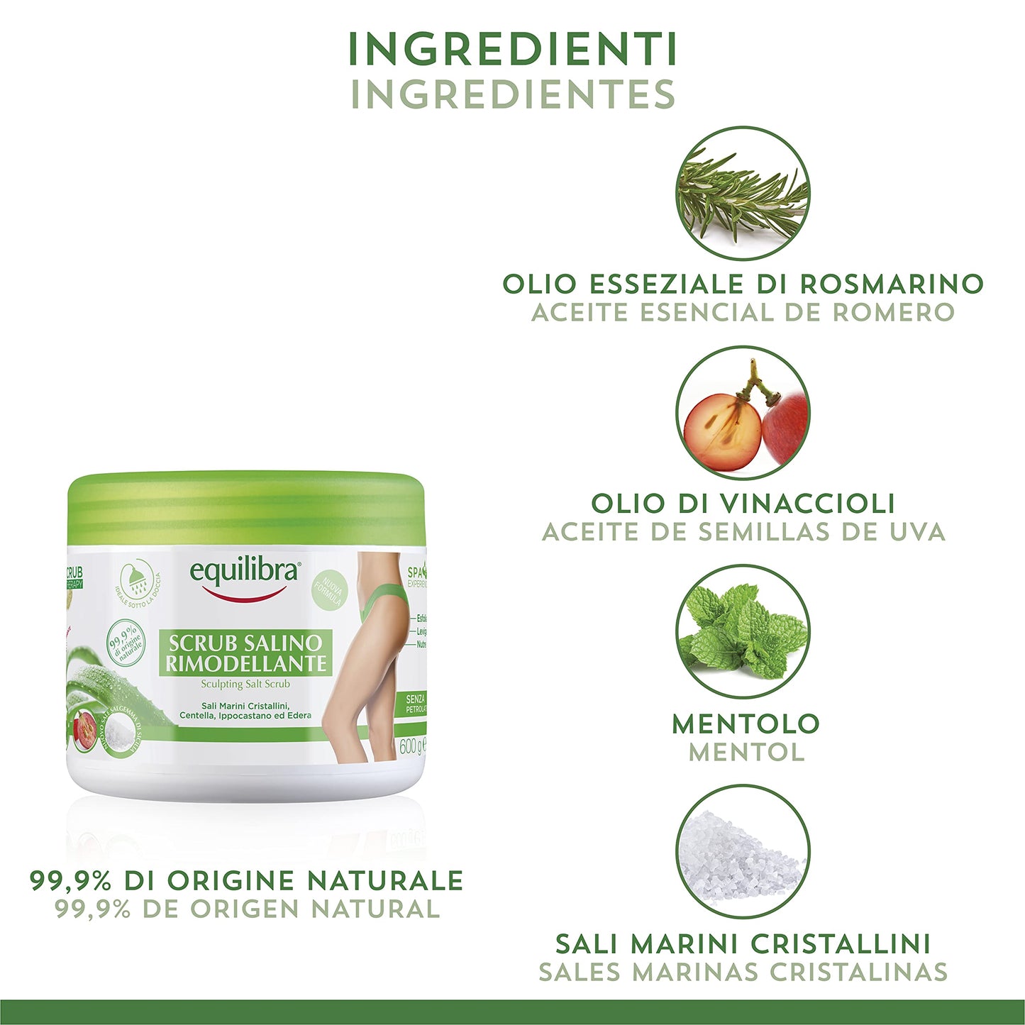 equilibra Scrub Salino Corpo Rimodellante, Esfoliante, 600 g, con Sale Salgemma di Sicilia Purissimo ad Azione Antiacqua e Aloe Vera, Oli Naturali ed Estratti Vegetali, Leviga e Nutre la Pelle