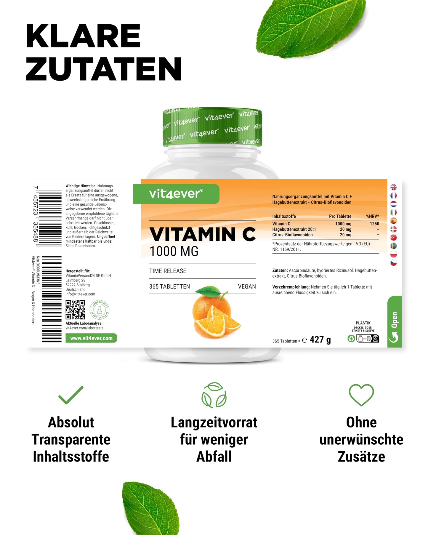 Vitamina C 1000mg - 365 compresse in un anno di fornitura - Effetto Rilasciato nel Tempo - Vitamina C + Estratto di Rosa Canina + Bioflavonoidi di Agrumi - Vegan - Altamente Dosato