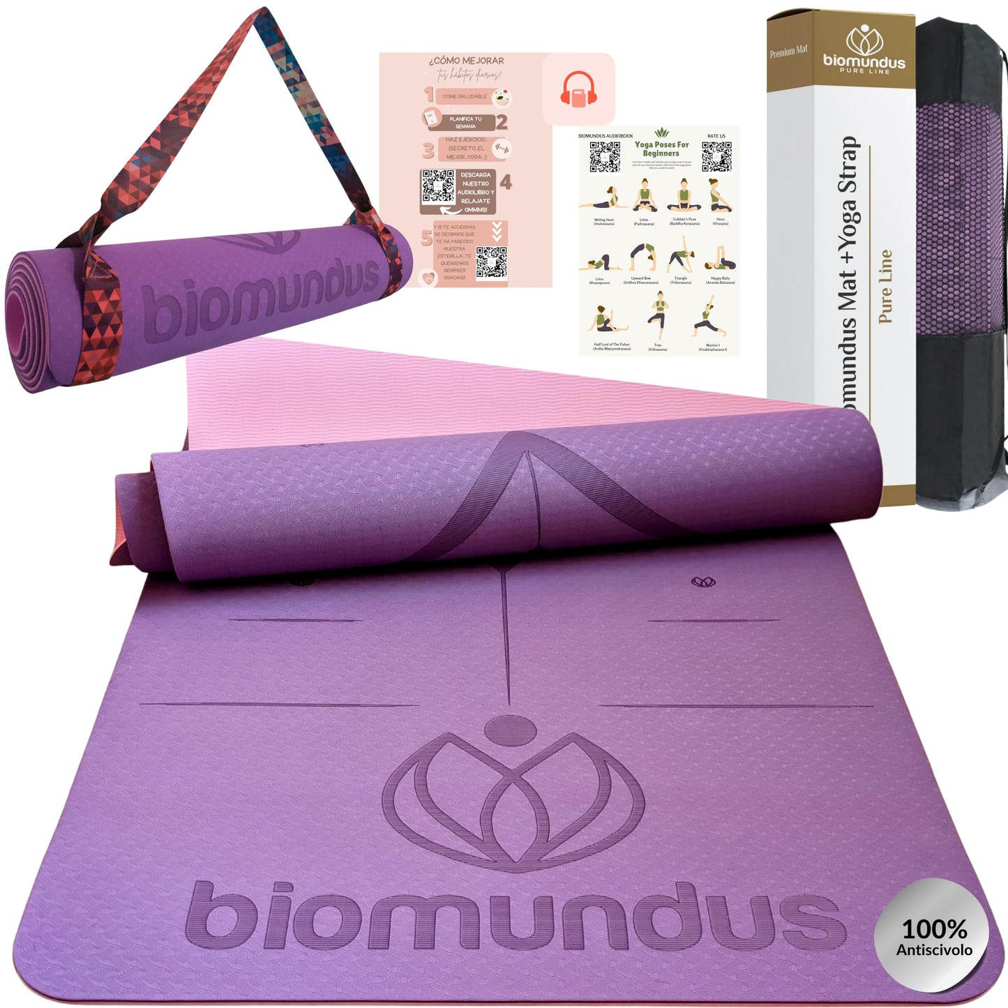 biomundus tappetino yoga antiscivolo + cinghia per lo Yoga + linee di posizione+ borsa tappetino fitness pieghevole tappetino palestra casa tappeto yoga mat