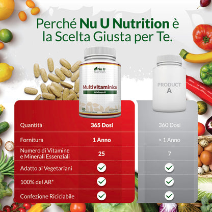 Multivitaminico Completo - 365 Compresse (1 Anno di Scorta) - 25 Vitamine e Minerali per Uomo e Donna - Adatto ai Vegetariani - Integratore Nu U Nutrition