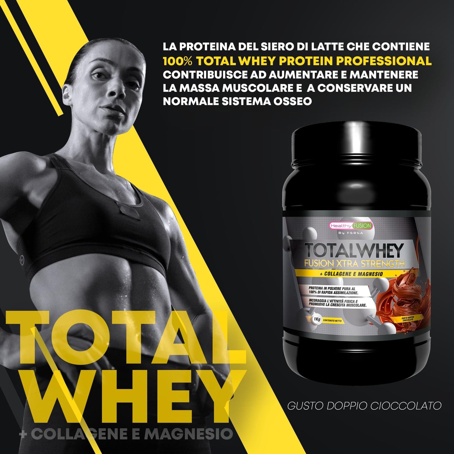 Healthy FUSION Whey protein 100% pura | Proteine whey + collagene + magnesio | Proteine del siero di latte isolate per lo sviluppo muscolare | Massa muscolare pulita | 1000 g (Cioccolato)