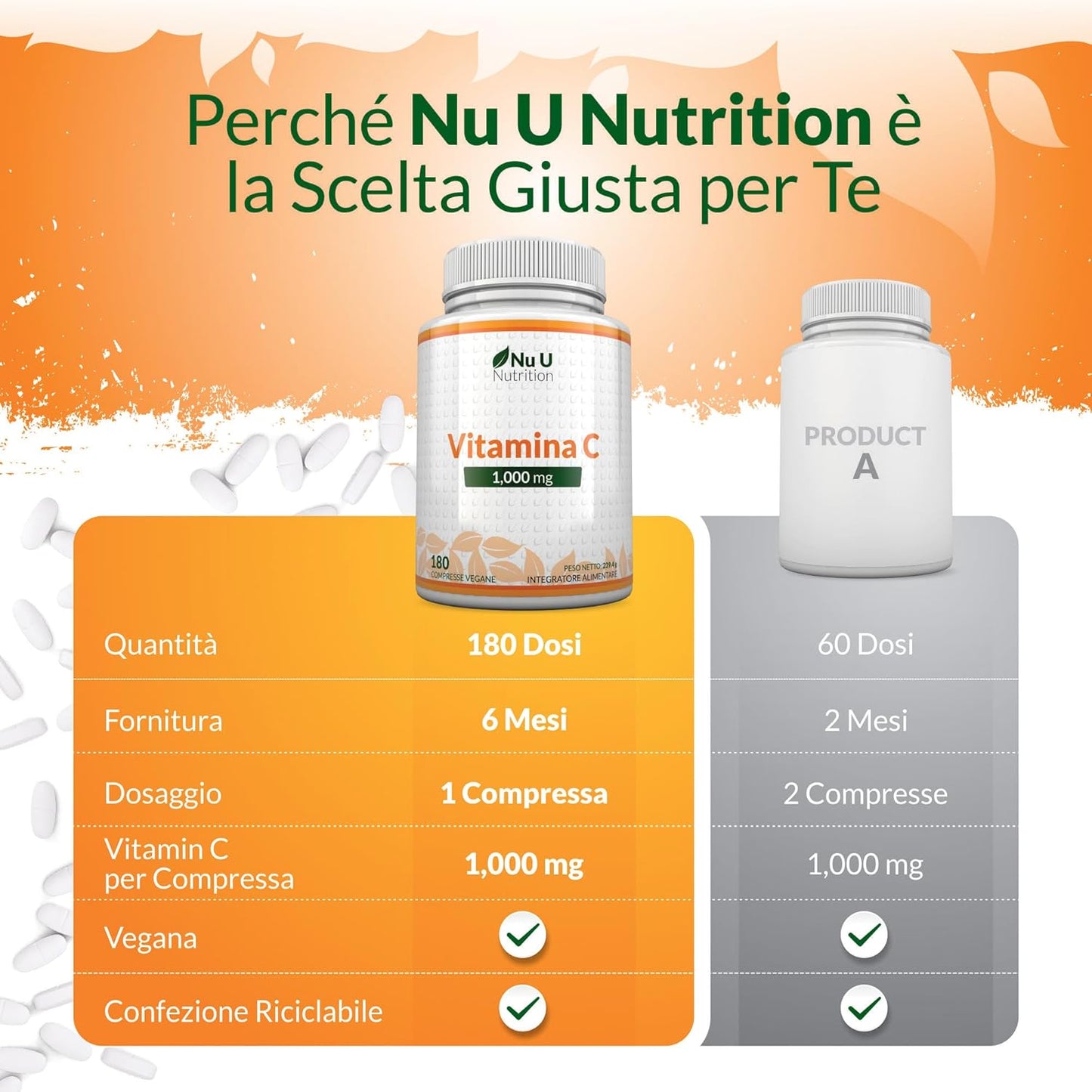 Vitamina C 1000mg Pura Alto Dosaggio - 180 Compresse Vegane - 6 Mesi di Fornitura - Acido Ascorbico - Senza GMO - Integratori alimentari di Nu U Nutrition