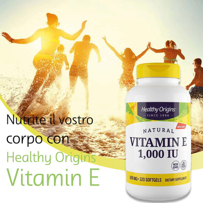 Healthy Origins, Natural Vitamin E, 400 UI per capsula, 180 Capsule morbide, Testato in Laboratorio, Senza Glutine, Non OGM, Vitamina E come tocoferolo