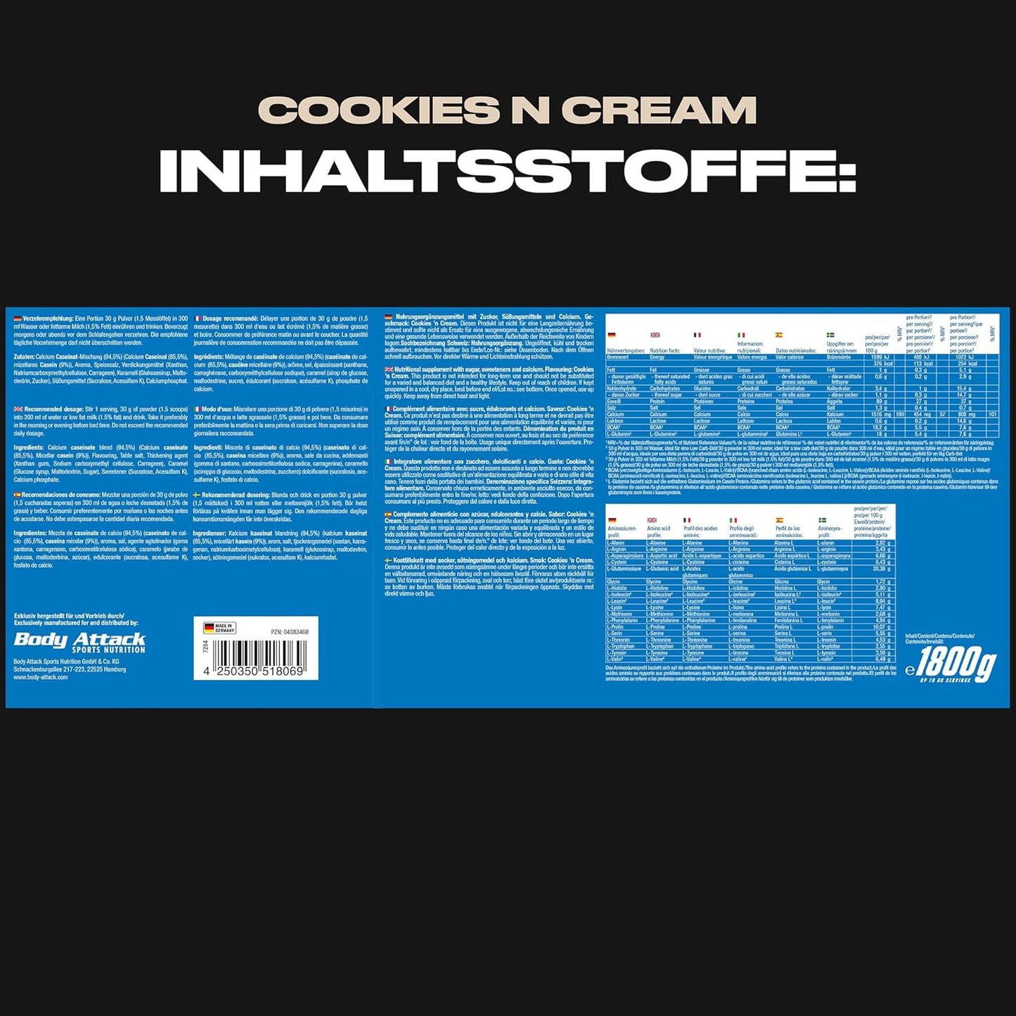 Body Attack Cookies and Cream 1800g Casein Protein by Body Attack