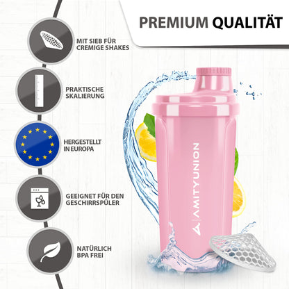 AMITYUNION Shaker per proteine 500 ml Heaven a prova di perdite, senza BPA con setaccio cliccabile e scala per frullati cremosi di siero di latte, shaker per proteine, originale in Rosa