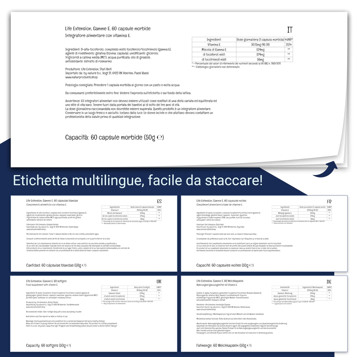 Life Extension, Gamma E, Tocoferoli Misti e Tocotrienoli, 10 mg, 60 Capsule molli, Testato in Laboratorio, Senza Glutine, Senza Soia, Non OGM