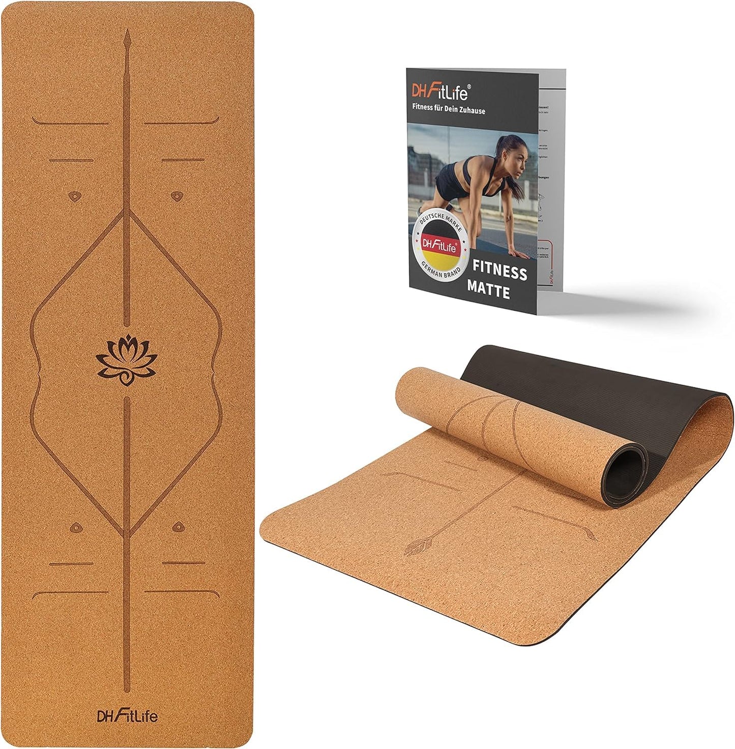 DH FitLife Tappetino da yoga in sughero e TPE, tappetino da ginnastica, 183 x 61 x 0,6 cm, tappetino da yoga antiscivolo, tappetino da yoga, spessore con linee di orientamento