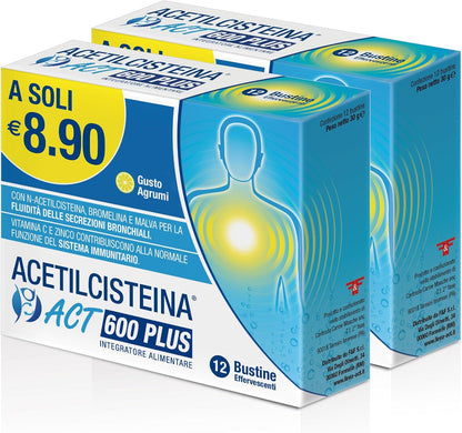 Acetilcisteina ACT 600 PLUS, Integratore Alimentare per Supportare la Salute Respiratoria con N-Acetilcisteina, Bromelina, Vitamina C, Zinco e Malva - 1 Confezione Bipack da 24 Bustine Effervescenti