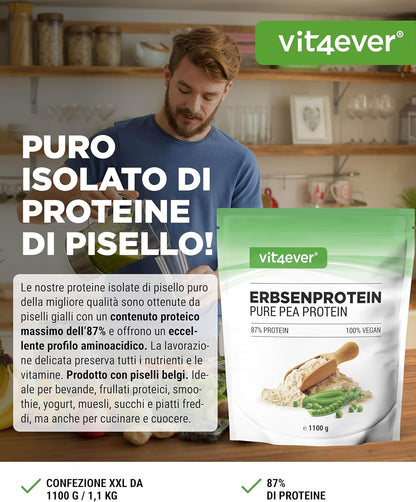 Proteine di pisello in polvere 1,1 kg / 1100 g - 87% di contenuto proteico - 100% proteine isolate di pisello - Origine Belgio - Vegano - Proteina pura in polvere - Senza glutine, soia e lattosio