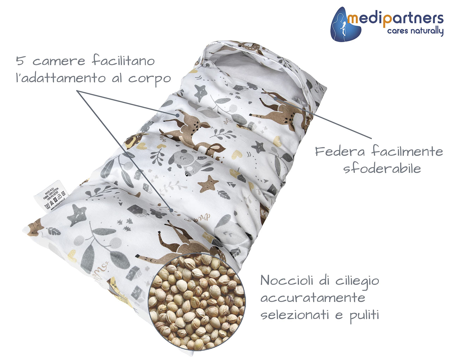 Medi Partners Cuscino Termico noccioli ciliegio 60x20cm 800g 100% Cotone 5 Camere Grande Terapia del freddo Federa sfoderabile (Stelle)