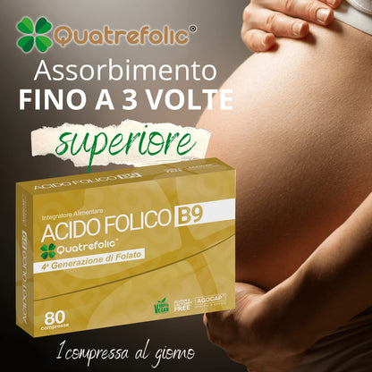 Acido Folico Quatrefolic, 240 compresse di Acido Folico in forma Biologicamente Attiva, assorbimento fino a tre volte maggiore per Gravidanza e Fertilità, Riduce l'affaticamento