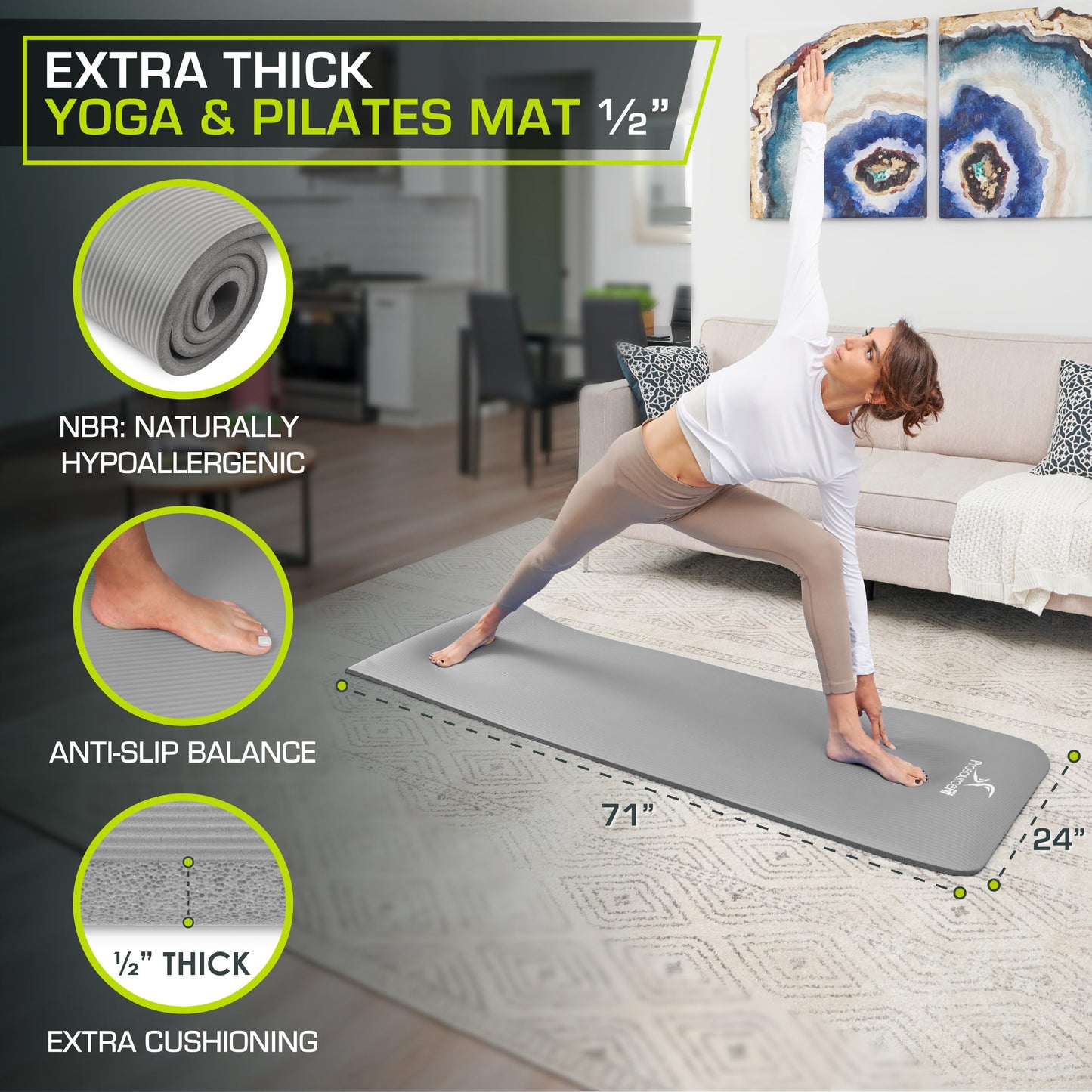 ProsourceFit Extra Thick Yoga and Pilates Mat ½” (13mm) or 1" (25mm), 71-inch Long High Density Exercise Mat with Comfort Foam and Carrying Strap