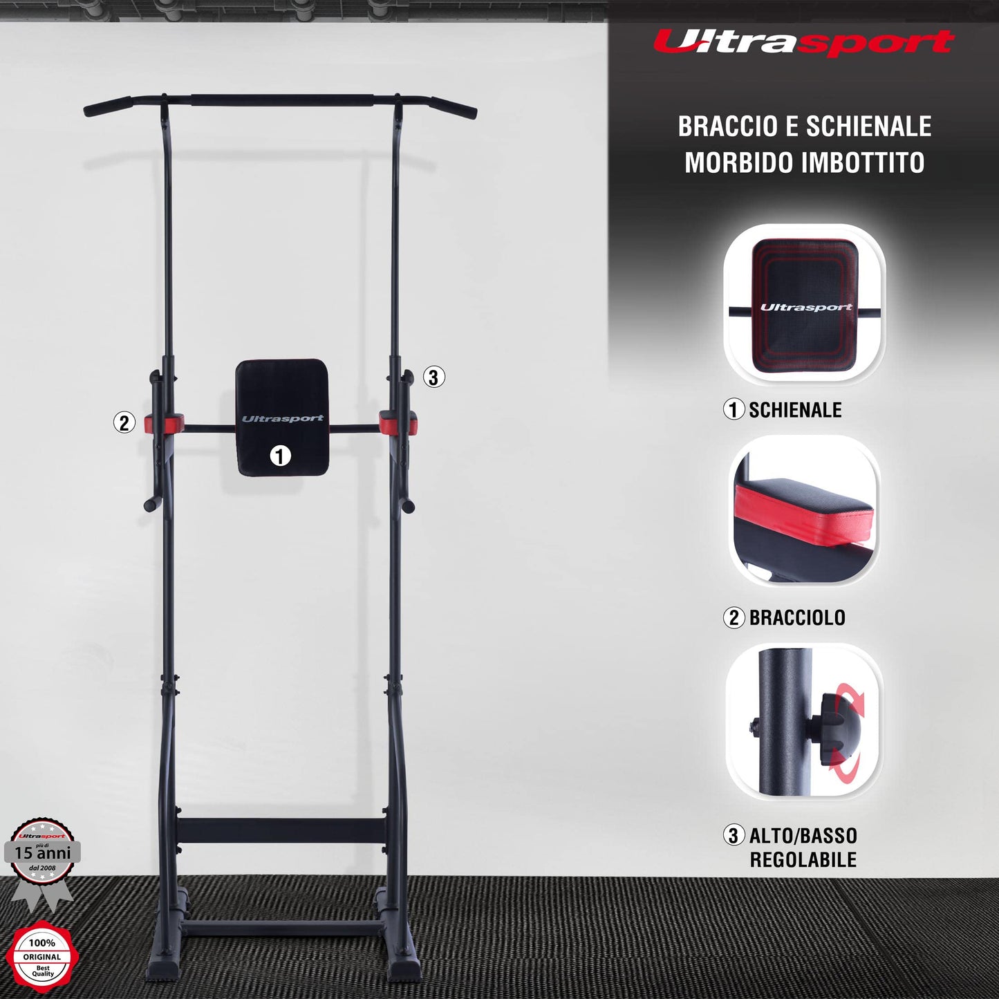 Ultrasport Power Tower, stazione per pull-up e dip, torre fitness, regolabile in altezza, home gym, torre di forza, regolabile fino a 150 kg di peso dell'utente