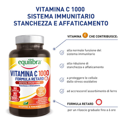 equilibra Integratori Alimentari, Vitamina C 1000 mg, Integratore Altodosato per la Normale Funzione del Sistema Immunitario, Rilascio Graduale Fino a 6 Ore, Vegan, Gluten Free, 90 Compresse