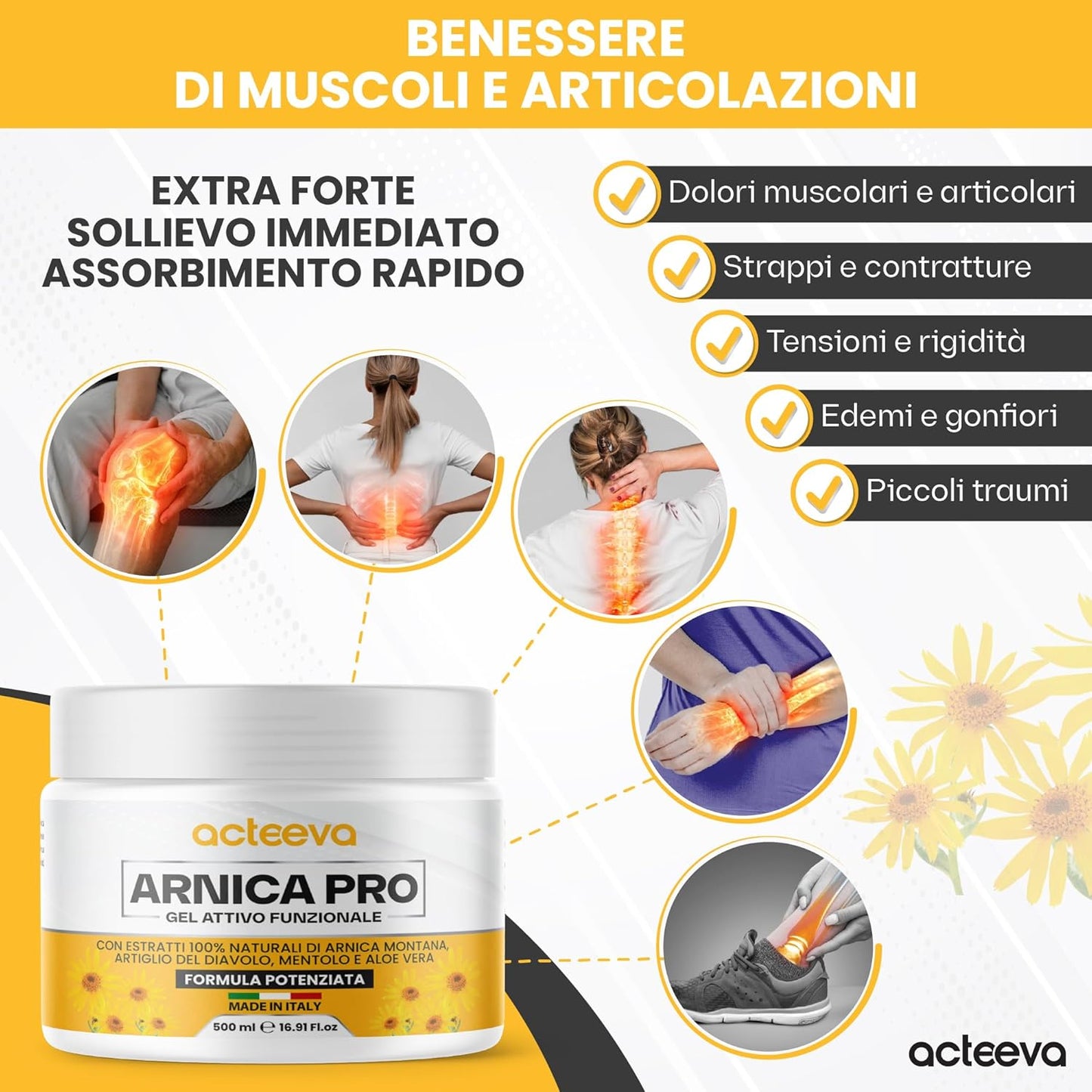 ACTEEVA Arnica per Cavalli Uso Umano 500 ml - Arnica Gel Forte con Artiglio del Diavolo, Ideale per Massaggio per Dolori Articolari e Muscolari, Made in Italy