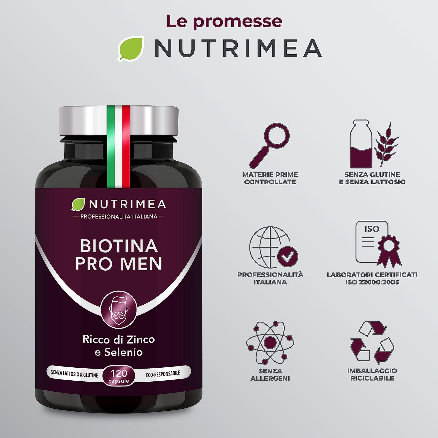 Biotina Nutrimea | Capelli, Unghie e Pelle | Vitamina B8, Zinco, Selenio e Semi di Zucca | Trattamento 4 Mesi | 120 Capsule Vegane