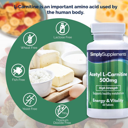 Acetil L-Carnitina 500 mg - 60 Compresse - Adatto ai vegani - 2 mesi di durata - SimplySupplements