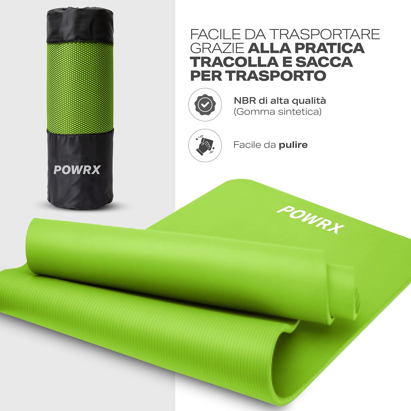 POWRX Tappetino Fitness Antiscivolo 190 x 60, 80, 100 cm - Ideale per Yoga, Pilates e Ginnastica - Extra Morbido e Spessore da 1,5 cm o 1 cm - Ecocompatibile con Tracolla e Sacca Trasporto + Poster