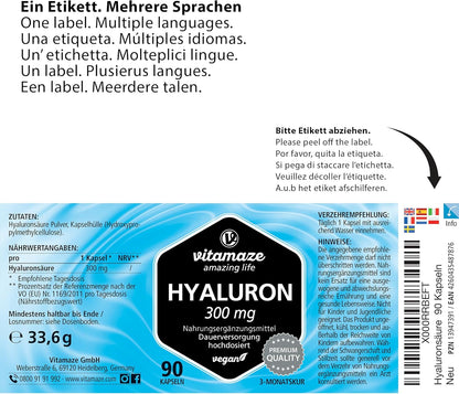 Vitamaze® Acido Ialuronico Puro ad Alto Dosaggio 300 mg per Capsula Vegan, 90 Capsule per 3 Mesi, Elevata Biodisponibilità: Micromolecolare 500-700 kDa, Integratore Alimentare senza Additivi
