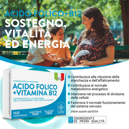 Acido Folico 400 mg Con B12 160 Compresse PiuLife® 1 Al Giorno, Folina Integratore Acido Folico E Vitamina B12, Energia Contro Stanchezza E Affaticamento, Mamma