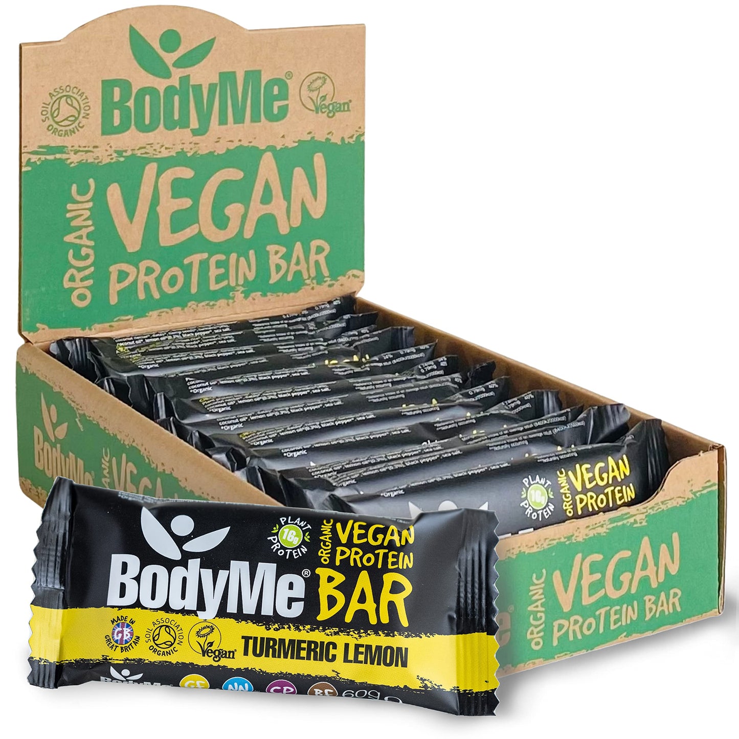 BodyMe Barrette Proteiche Vegan Bio | Cruda Curcuma Limone | 12 x 60g Barretta Proteica | Senza Glutine | 16g Proteine Vegane Complete 3 Proteine Vegetali Tutti Amminoacidi Essenziali | Snack Proteici