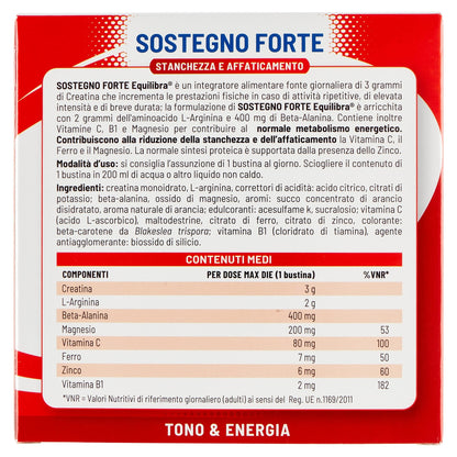 equilibra Integratori Alimentari, Sostegno Forte, Integratore con Creatina, Arginina, Vitamine C, B1, per Incrementare le Prestazioni Fisiche, con Succo Concentrato di Arancio, 22 Bustine Monodose