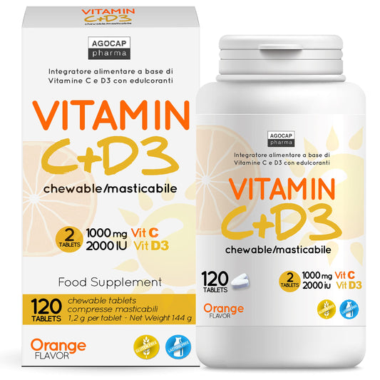 Vitamina C+D3, 120 compresse MASTICABILI, Vitamina C 1000mg + Vitamina d 2000 ui per dose giornaliera. Per difese immunitarie. Vitamina D e C, Agocap