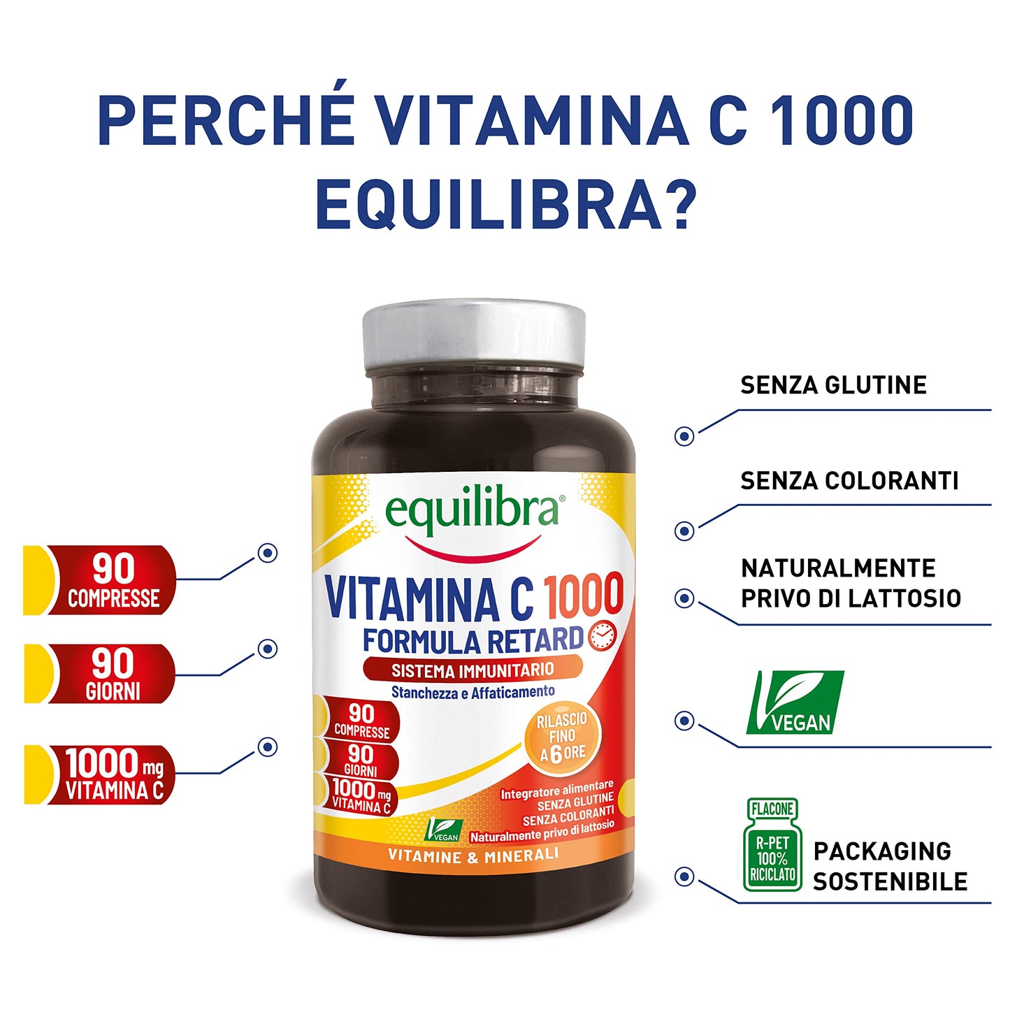 equilibra Integratori Alimentari, Vitamina C 1000 mg, Integratore Altodosato per la Normale Funzione del Sistema Immunitario, Rilascio Graduale Fino a 6 Ore, Vegan, Gluten Free, 90 Compresse