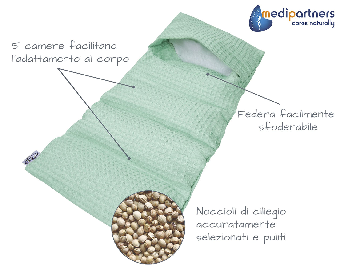 Medi Partners Cuscino Termico noccioli ciliegio 60x20cm 800g 100% Cotone 5 Camere Grande Terapia del freddo Federa sfoderabile (Stelle)