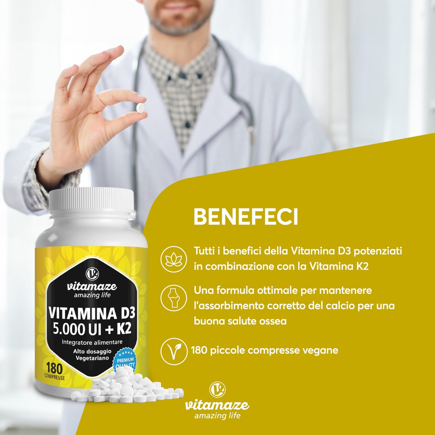 Vitamaze® Vitamina D3 K2 (+1 Anno) di Alto Dosaggio Vitamina D3 + 20 mcg Vitamina K2 al Giorno, 180 Piccole Compresse Vegetariane, Elevata Biodisponibilità, Qualitá Tedesca