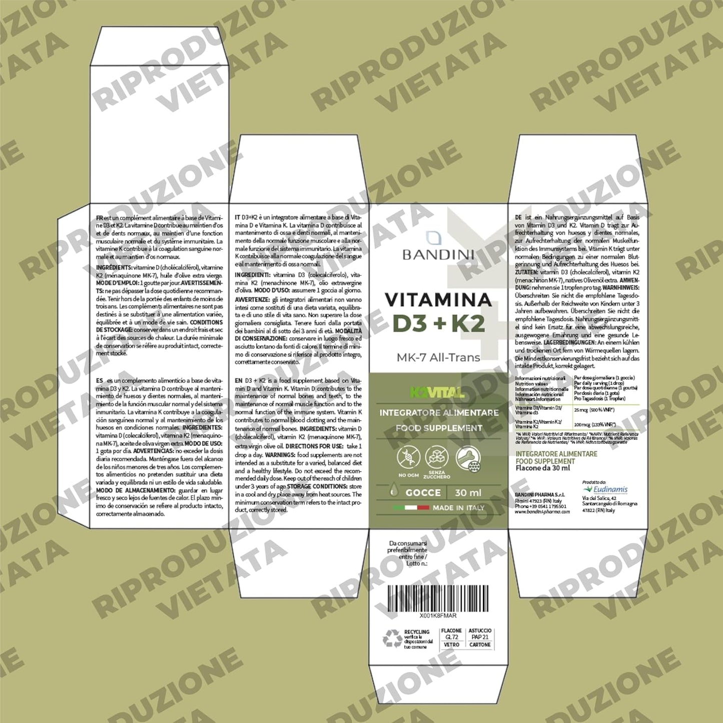 Bandini® Vitamina D3 K2 Gocce, in Olio Extra Vergine di Oliva EVO, Colecalciferolo 1000 UI per Goccia + Vit K2 MK-7 Menachinone Kappa 99,7% 100 mcg per Goccia, con pratico Contagocce