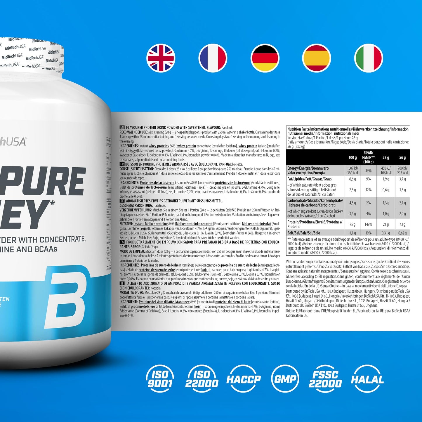 BioTechUSA 100% Pure Whey Complesso proteico del siero di latte con bromelina, aminoacidi, senza zuccheri aggiunti, senza olio di palma e con edulcorante, 1 kg, Cioccolato