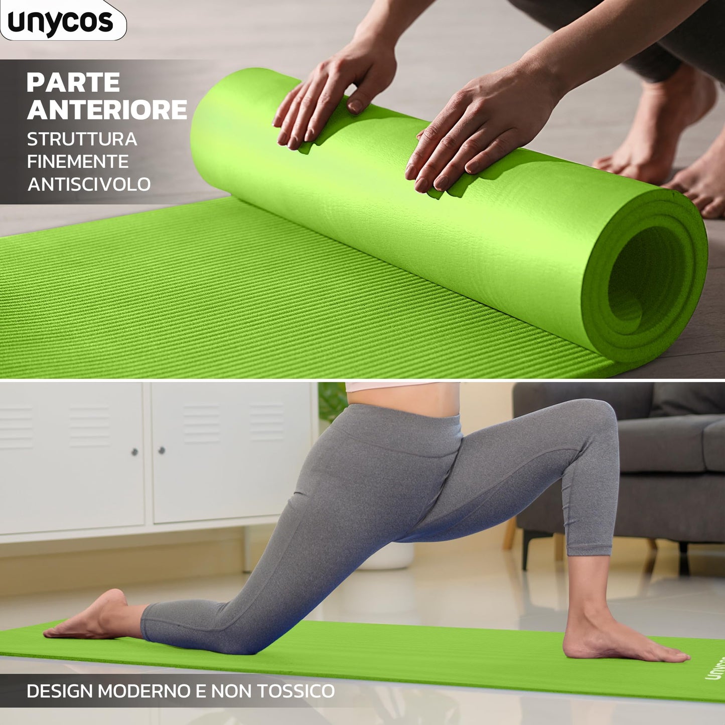 unycos - Tappetino Antiscivolo da Yoga, Pilates e Ginnastica Extra Spesso 10/15 mm, 183x60 cm, Materassino Fitness con Schiuma NBR Confortevole, Tracolla, Borsa ed E-Book di 50 Esercizi